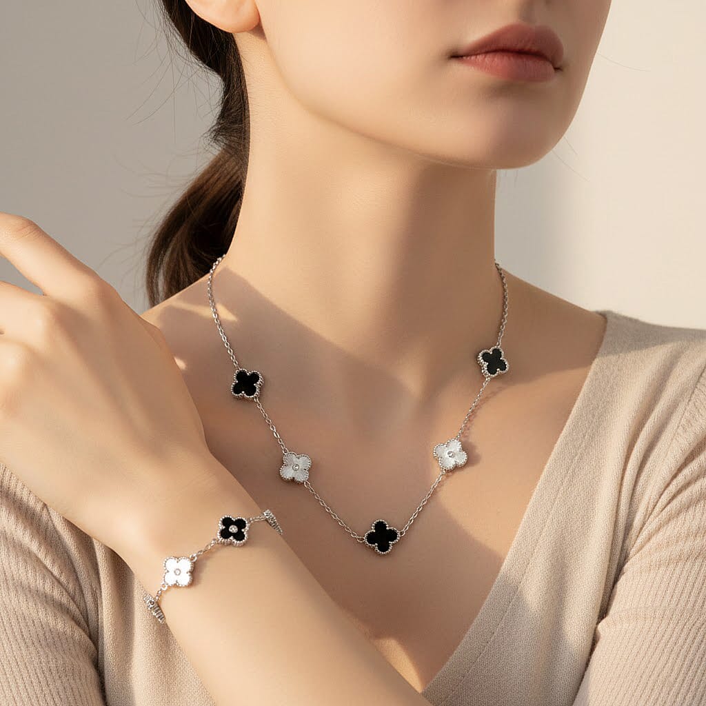 2 Piece Set - Black Onyx 18.00 ctw Clover Bracelet (7.00- 9.00In) and Necklace 16-18 Inches in Stainless Steel