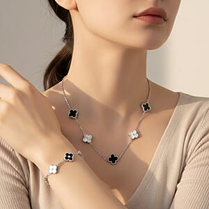 2 Piece Set - Black Onyx 18.00 ctw Clover Bracelet (7.00- 9.00In) and Necklace 16-18 Inches in Stainless Steel