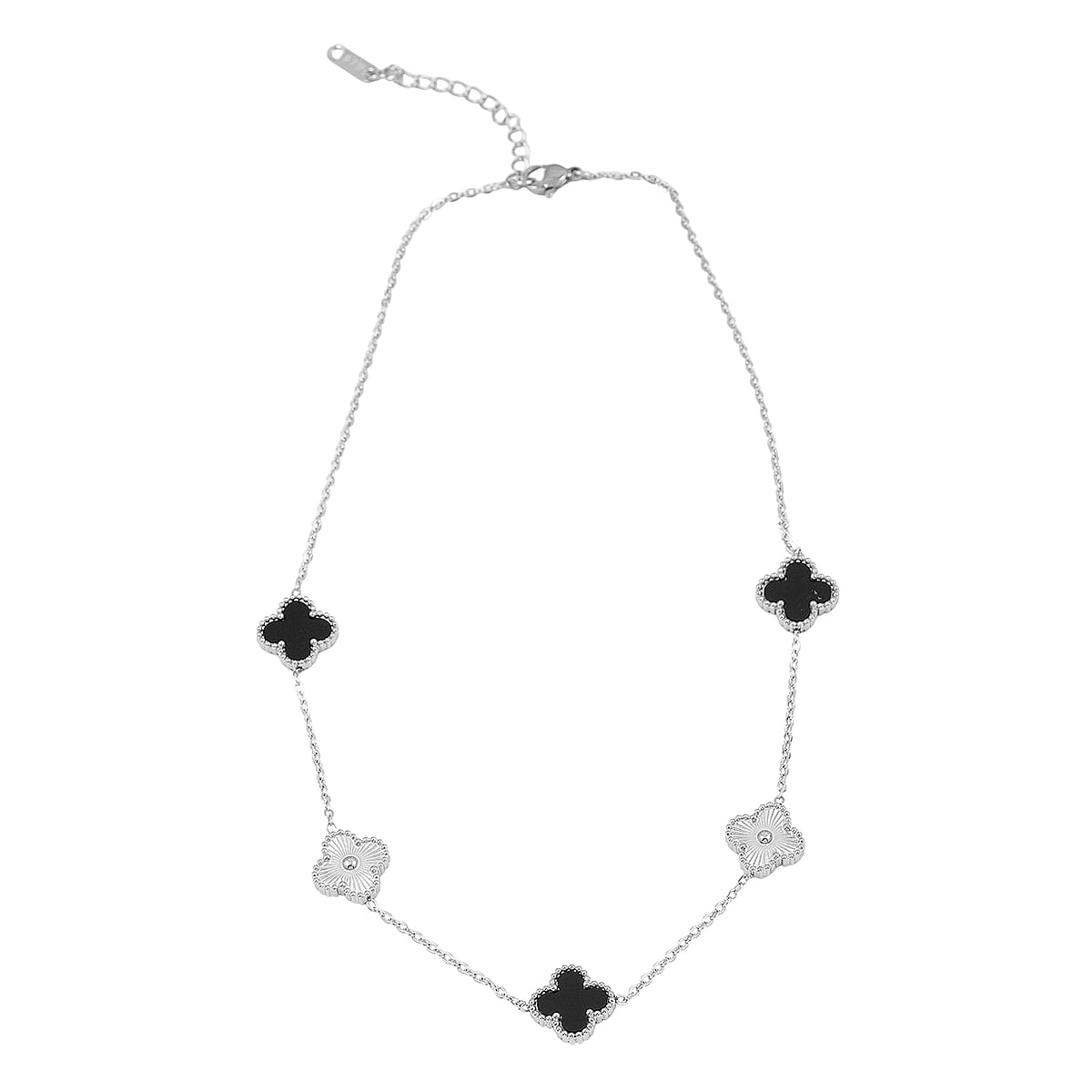 2 Piece Set - Black Onyx 18.00 ctw Clover Bracelet (7.00- 9.00In) and Necklace 16-18 Inches in Stainless Steel image number 3
