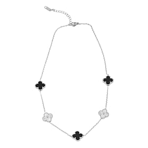 2 Piece Set - Black Onyx 18.00 ctw Clover Bracelet (7.00- 9.00In) and Necklace 16-18 Inches in Stainless Steel