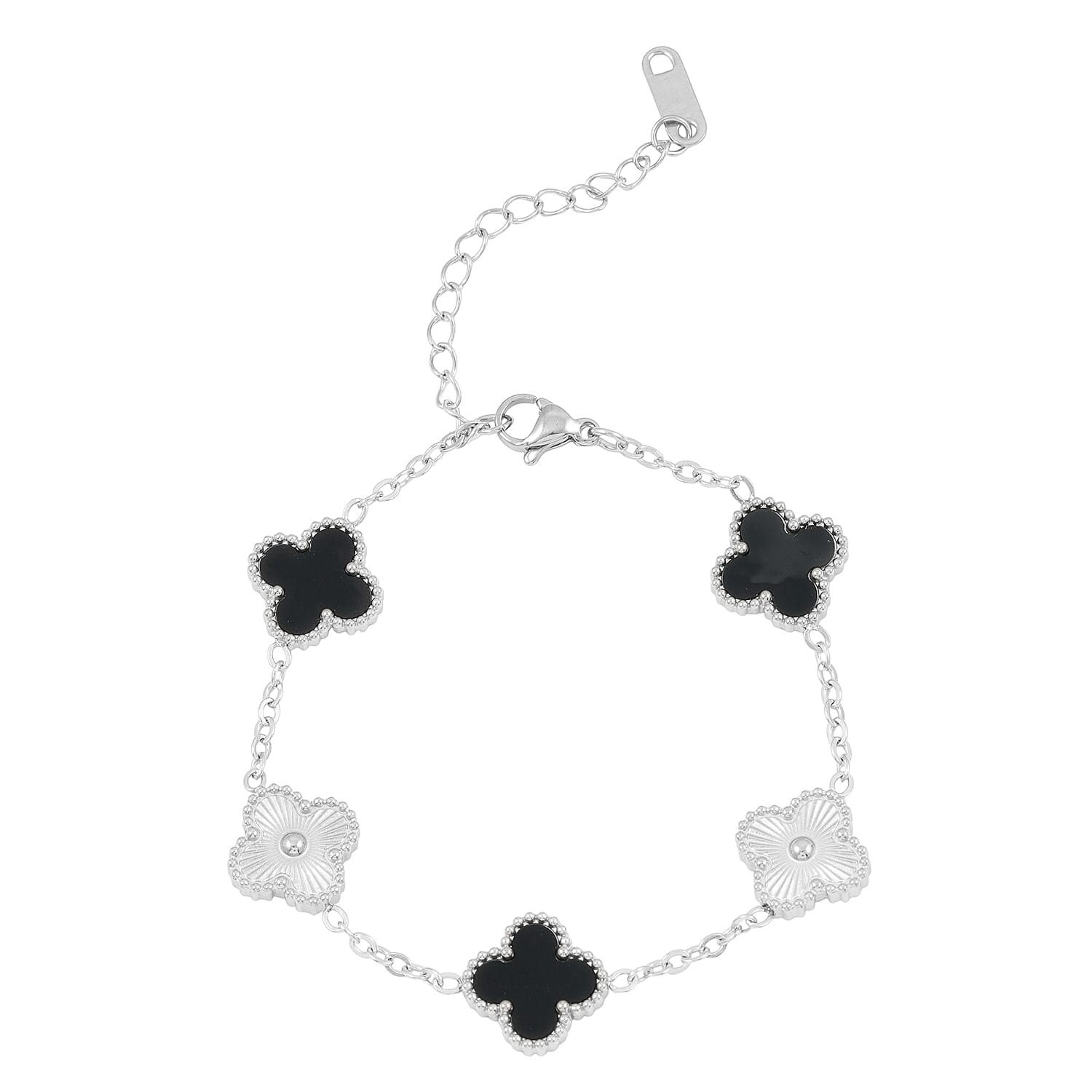 2 Piece Set - Black Onyx 18.00 ctw Clover Bracelet (7.00- 9.00In) and Necklace 16-18 Inches in Stainless Steel