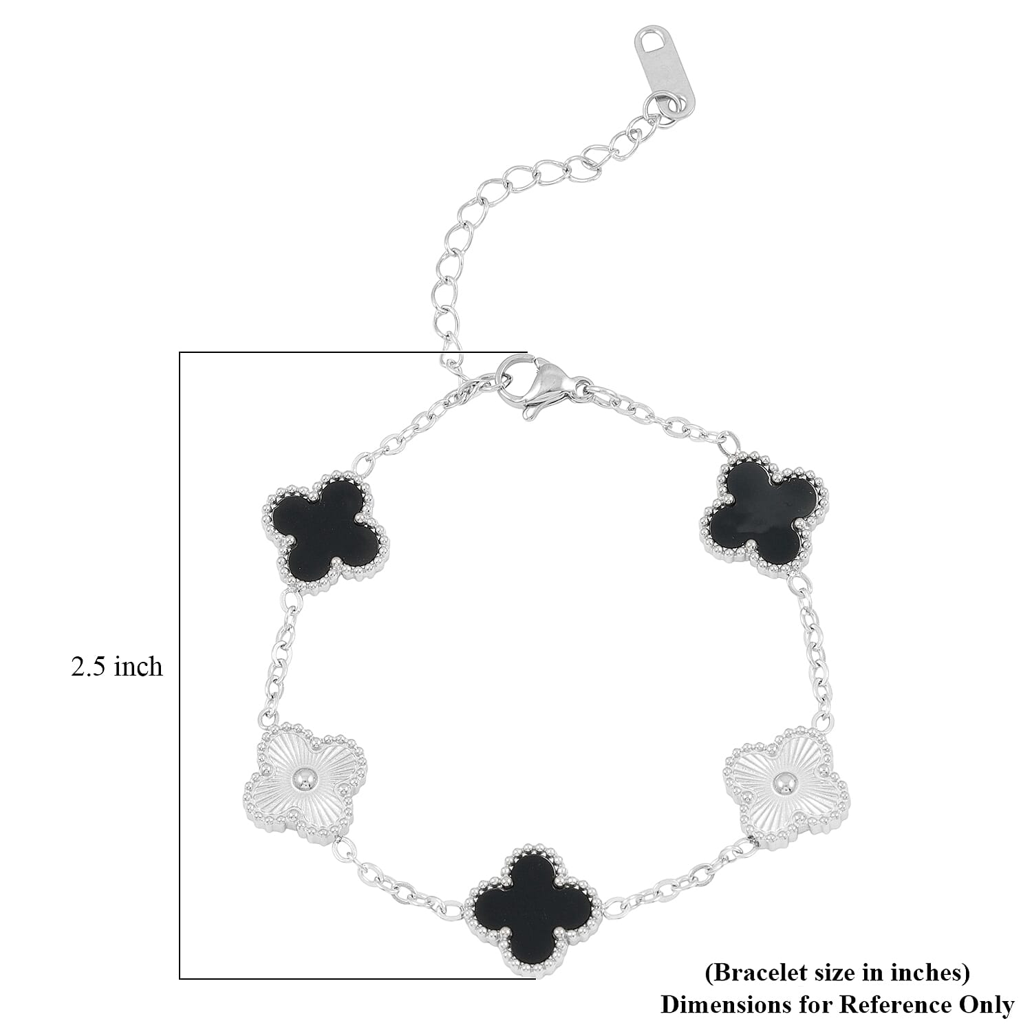 2 Piece Set - Black Onyx 18.00 ctw Clover Bracelet (7.00- 9.00In) and Necklace 16-18 Inches in Stainless Steel