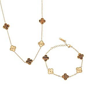 2 Piece Set - Tiger Eye 18.00 ctw Clover Bracelet (7.00-9.00In) and Necklace 16-18 Inches in Stainless Steel