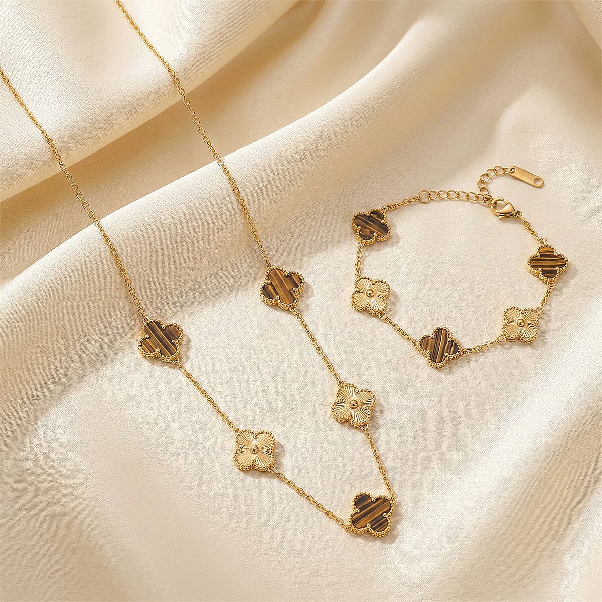 2 Piece Set - Tiger Eye 18.00 ctw Clover Bracelet (7.00-9.00In) and Necklace 16-18 Inches in Stainless Steel image number 1