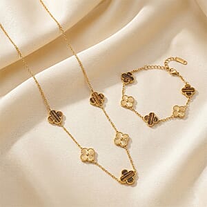 2 Piece Set - Tiger Eye 18.00 ctw Clover Bracelet (7.00-9.00In) and Necklace 16-18 Inches in Stainless Steel