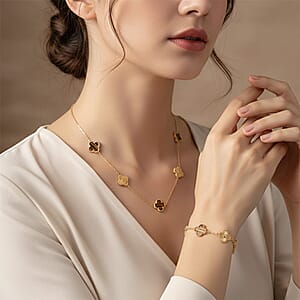 2 Piece Set - Tiger Eye 18.00 ctw Clover Bracelet (7.00-9.00In) and Necklace 16-18 Inches in Stainless Steel