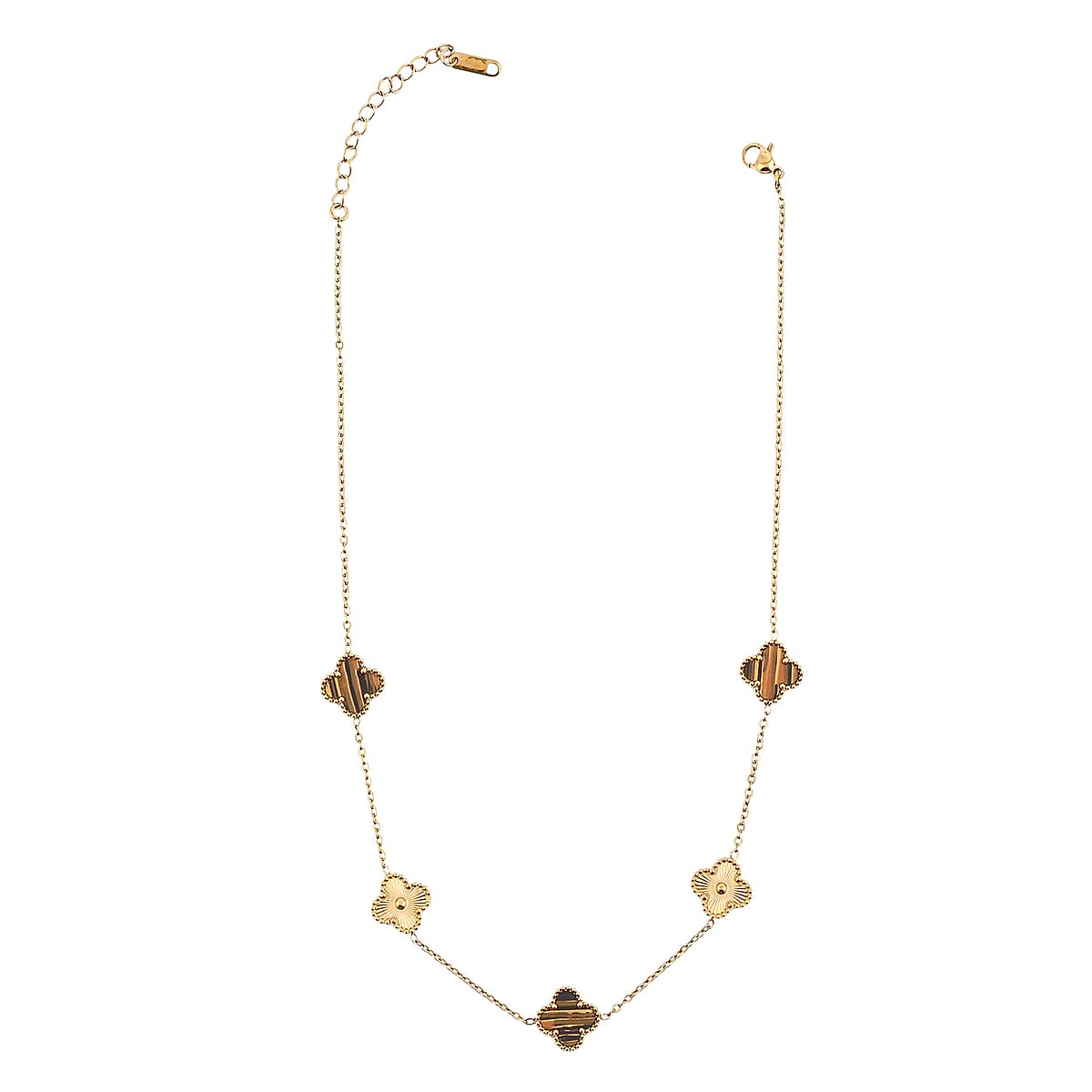 2 Piece Set - Tiger Eye 18.00 ctw Clover Bracelet (7.00-9.00In) and Necklace 16-18 Inches in Stainless Steel image number 3