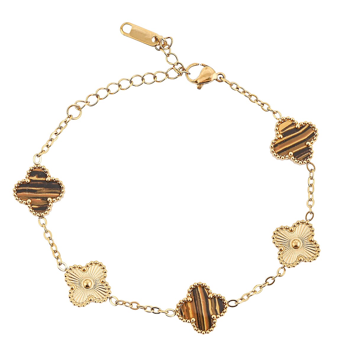 2 Piece Set - Tiger Eye 18.00 ctw Clover Bracelet (7.00-9.00In) and Necklace 16-18 Inches in Stainless Steel image number 4