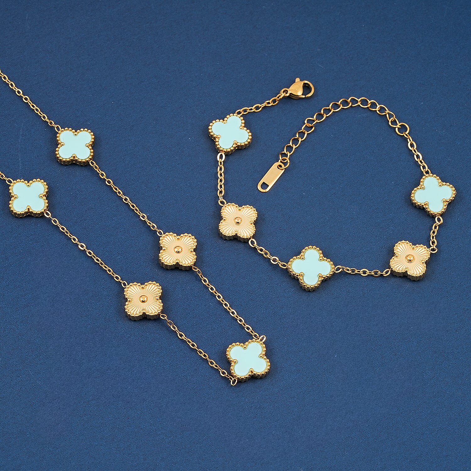 2 Piece Set - Turquoise Color Austrian Crystal Clover Bracelet (7.00- 9.00In) and Necklace 16-18 Inches in ION Plated YG Stainless Steel