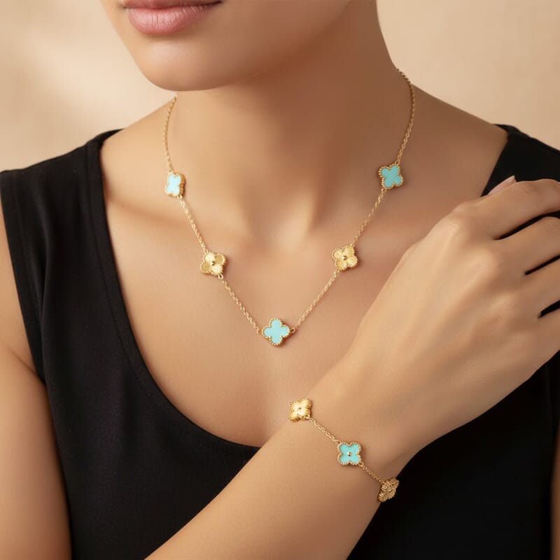 2 Piece Set - Turquoise Color Austrian Crystal Clover Bracelet (7.00- 9.00In) and Necklace 16-18 Inches in ION Plated YG Stainless Steel