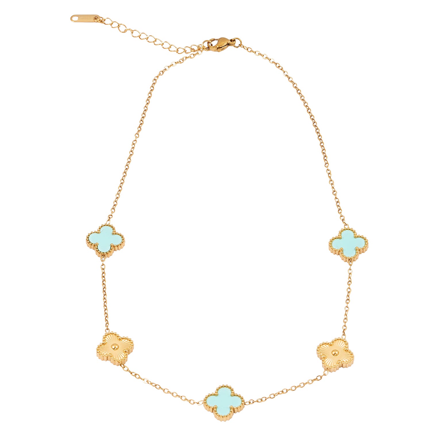 2 Piece Set - Turquoise Color Austrian Crystal Clover Bracelet (7.00- 9.00In) and Necklace 16-18 Inches in ION Plated YG Stainless Steel