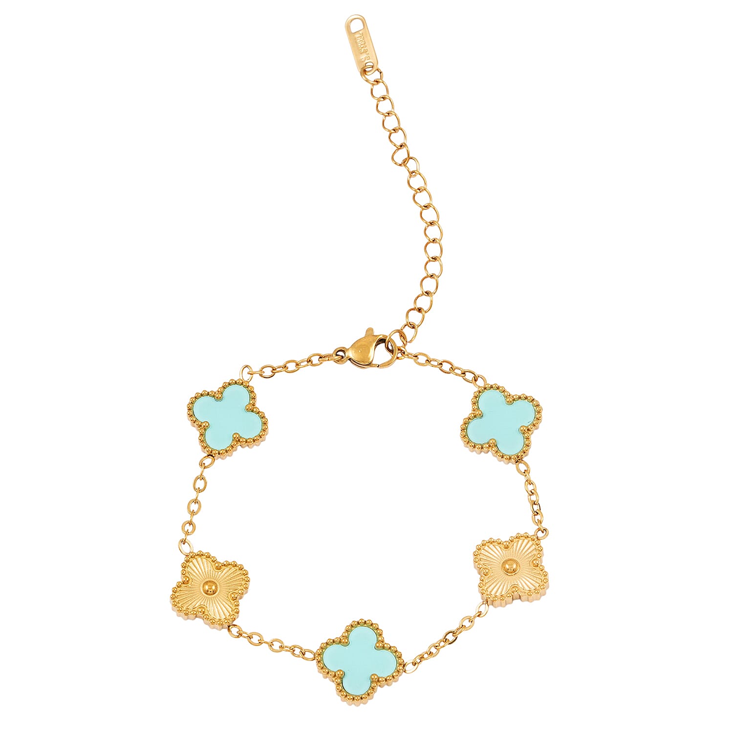 2 Piece Set - Turquoise Color Austrian Crystal Clover Bracelet (7.00- 9.00In) and Necklace 16-18 Inches in ION Plated YG Stainless Steel