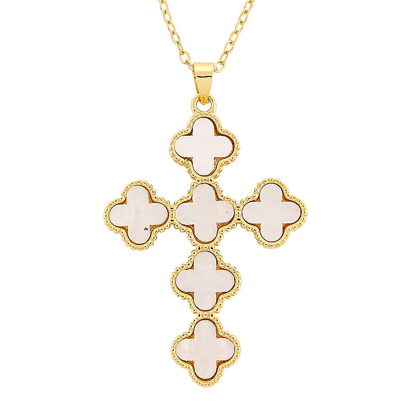Austrian Crystal Clover Cross Pendant Necklace in ION Plated YG Stainless Steel 17.5-19.5 Inches