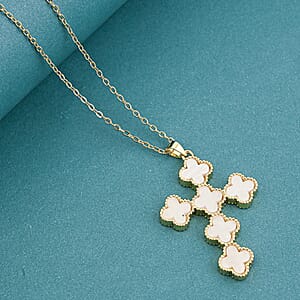 Austrian Crystal Clover Cross Pendant Necklace in ION Plated YG Stainless Steel 17.5-19.5 Inches 
