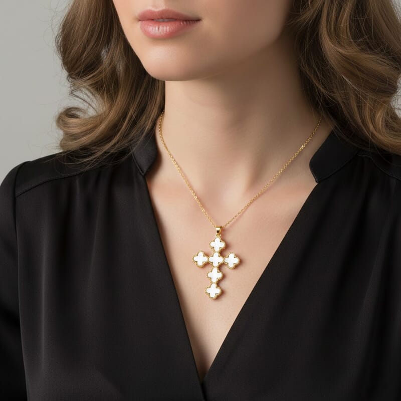 Austrian Crystal Clover Cross Pendant Necklace in ION Plated YG Stainless Steel 17.5-19.5 Inches