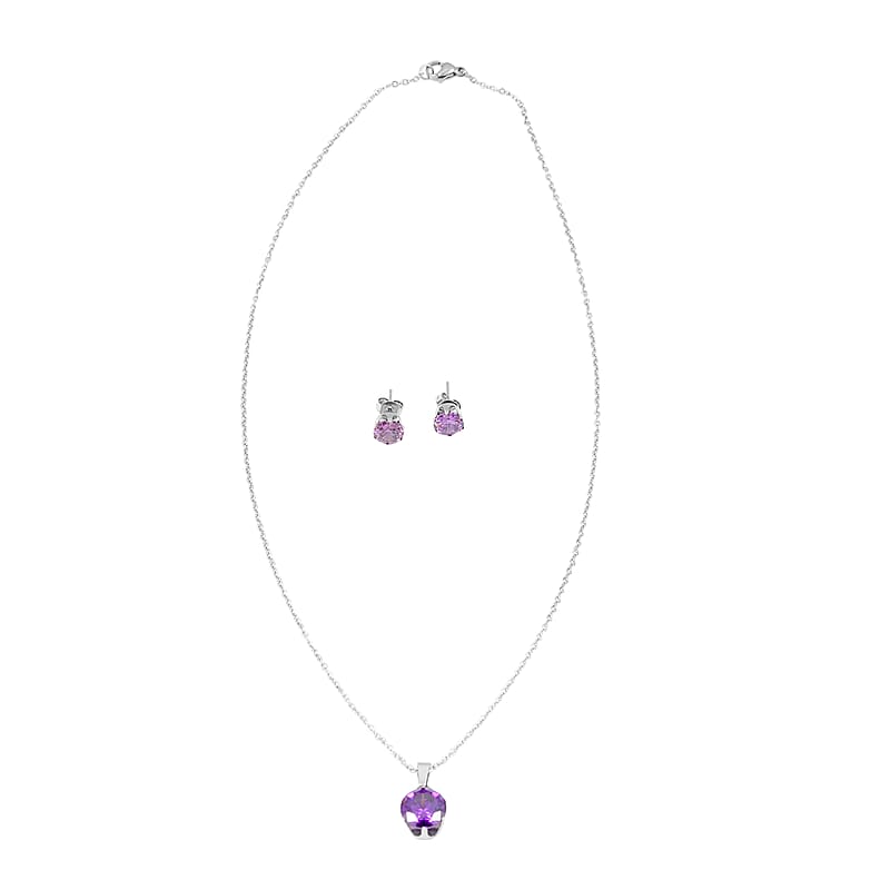 2 Piece Set - Purple Austrian Crystal Solitaire Earrings and Pendant Necklace 18 Inches in Stainless Steel