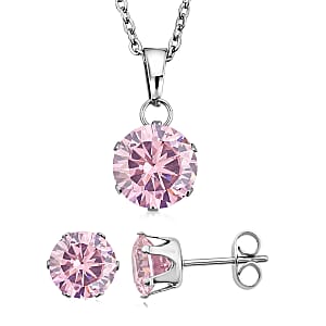2 Piece Set - Pink Austrian Crystal Earrings and Pendant Necklace 18 Inches in Stainless Steel 8.00 ctw