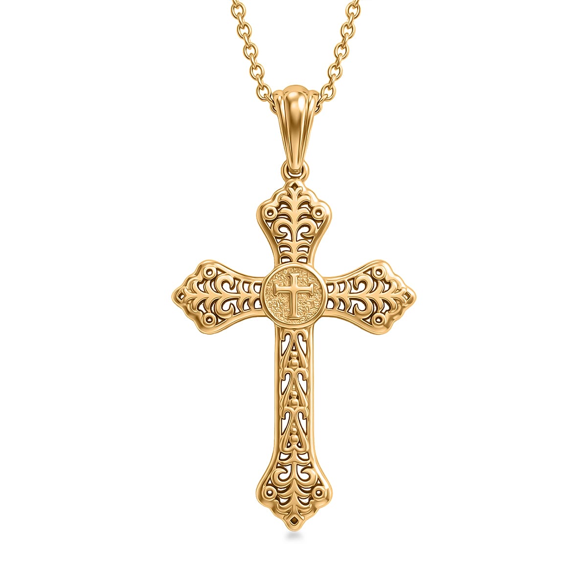 EverTrue Bronzella Collection Line of Faith Cross Pendant in 18K Yellow Gold Plated Bronze with ION Plated Yellow Gold Stainless Steel Necklace 20 Inches