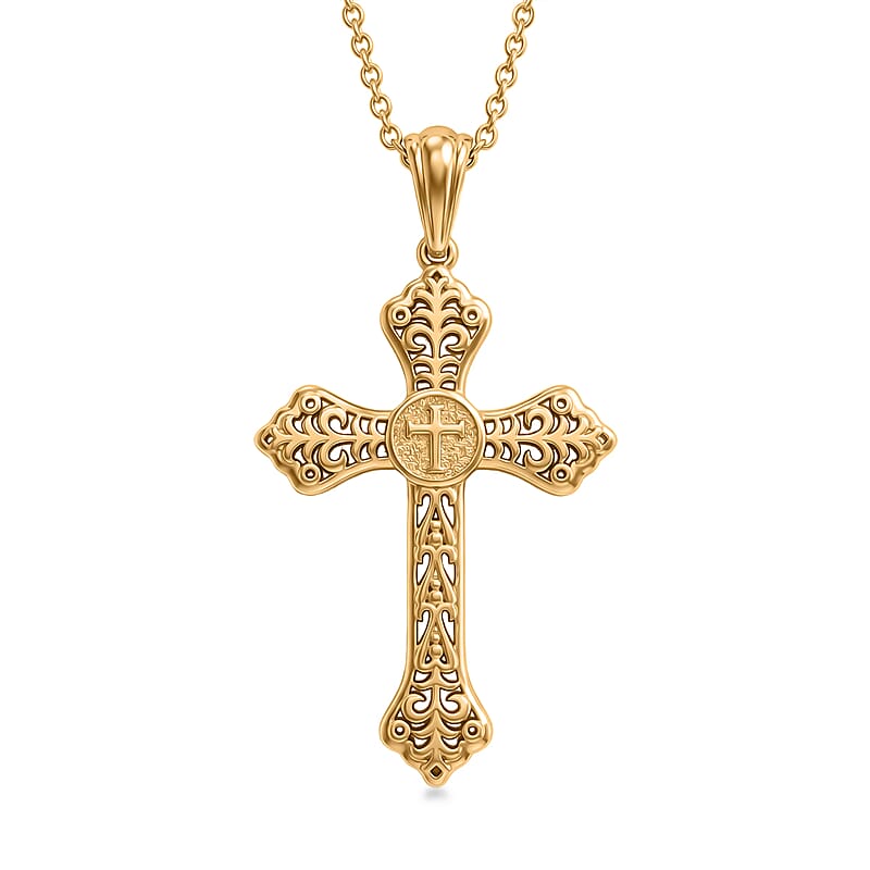 EverTrue Bronzella Collection Line of Faith Cross Pendant in 18K Yellow Gold Plated Bronze with ION Plated Yellow Gold Stainless Steel Necklace 20 Inches