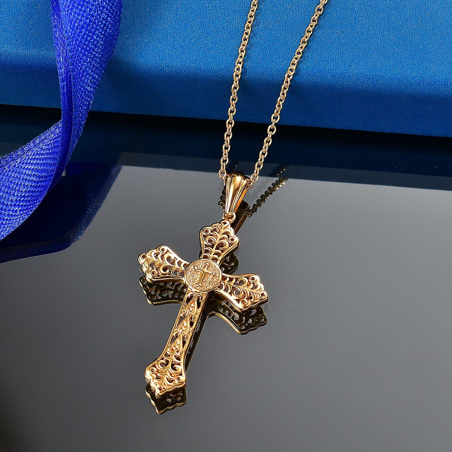 EverTrue Bronzella Collection Line of Faith Cross Pendant in 18K Yellow Gold Plated Bronze with ION Plated Yellow Gold Stainless Steel Necklace 20 Inches