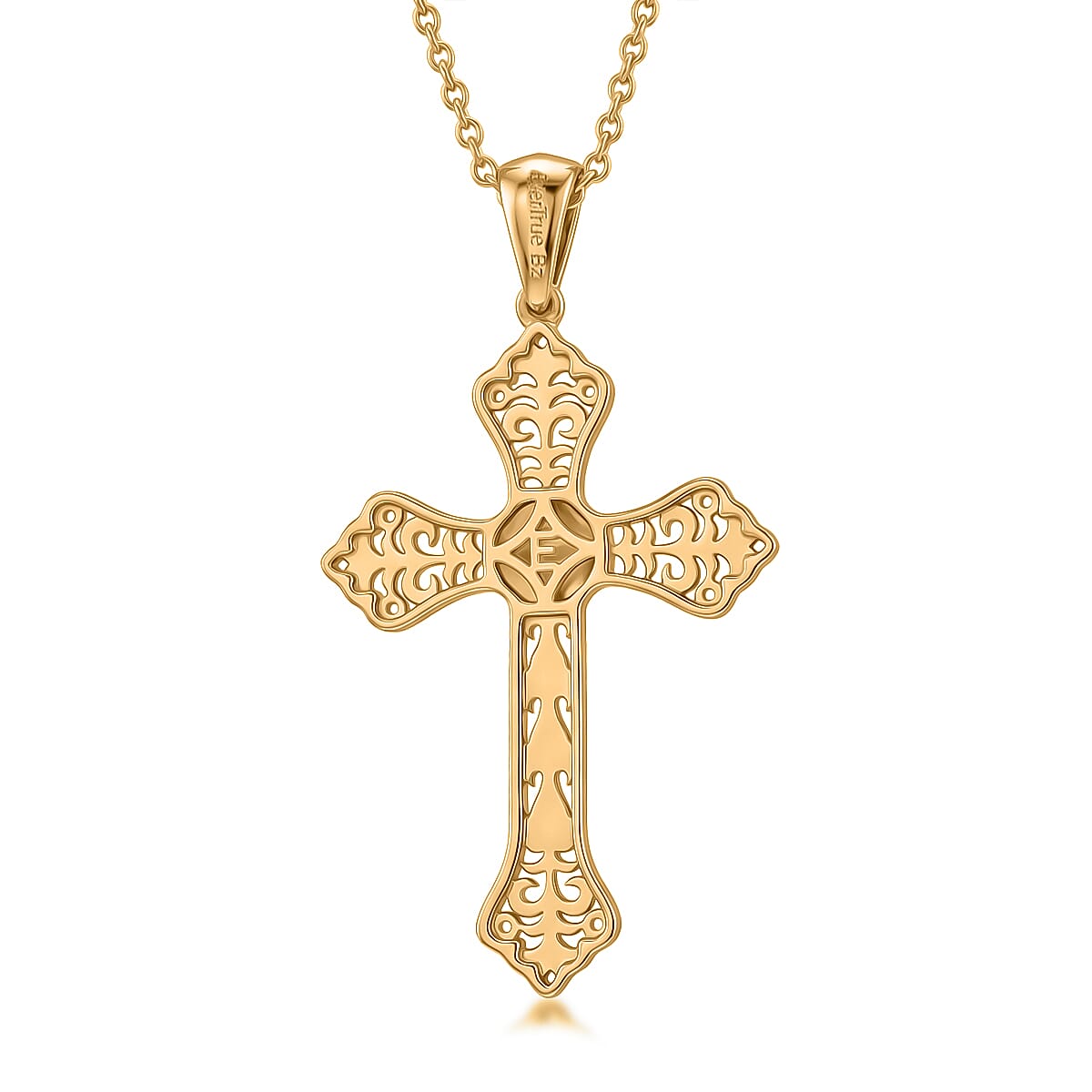 EverTrue Bronzella Collection Line of Faith Cross Pendant in 18K Yellow Gold Plated Bronze with ION Plated Yellow Gold Stainless Steel Necklace 20 Inches