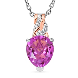 Evertrue African Lilac Quartz (Triplet) White Zircon 3.70 ctw Pendant in Platinum Bond with Stainless Steel Necklace 20 Inches