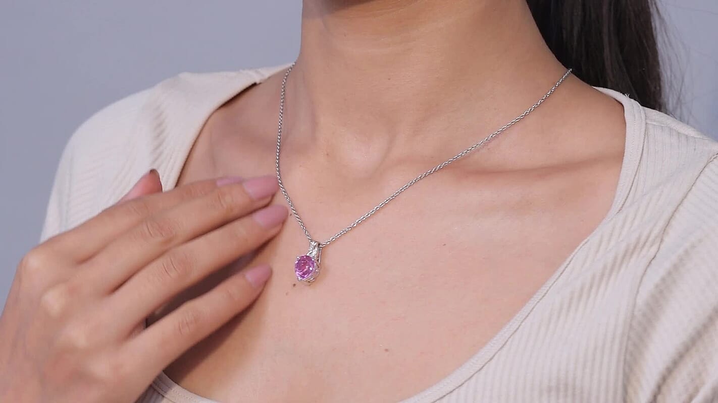 Evertrue African Lilac Quartz (Triplet) White Zircon 3.70 ctw Enchanted Vine Pendant in Platinum Bond with Stainless Steel Necklace 20 Inches