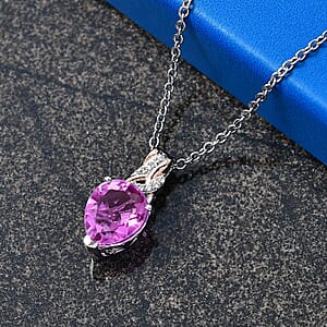 Evertrue African Lilac Quartz (Triplet) White Zircon 3.70 ctw Pendant in Platinum Bond with Stainless Steel Necklace 20 Inches