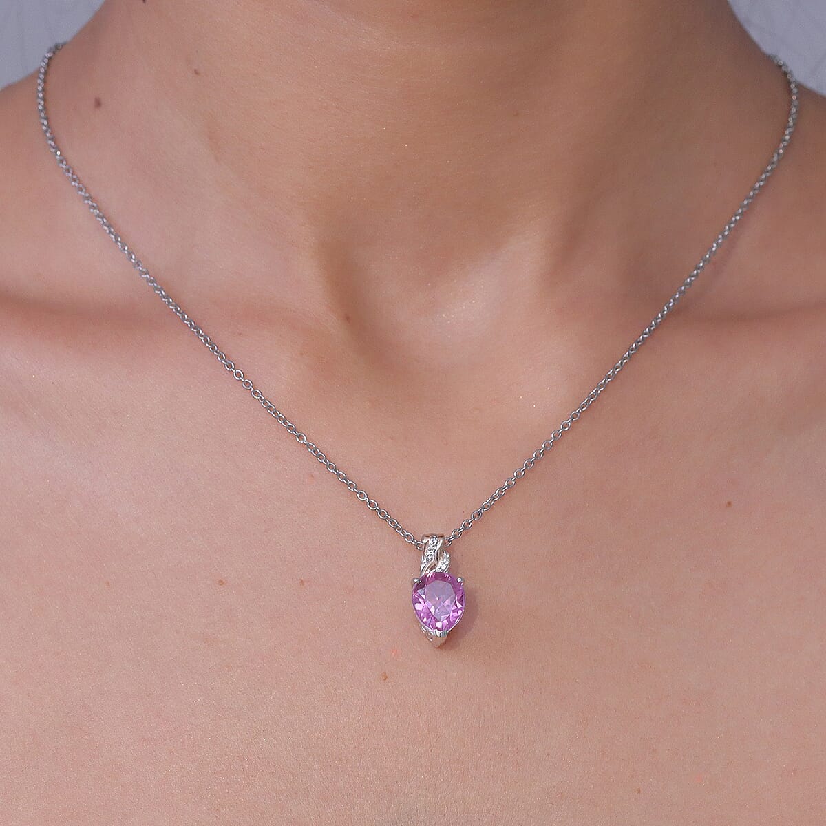 Evertrue African Lilac Quartz (Triplet) White Zircon 3.70 ctw Pendant in Platinum Bond with Stainless Steel Necklace 20 Inches image number 2