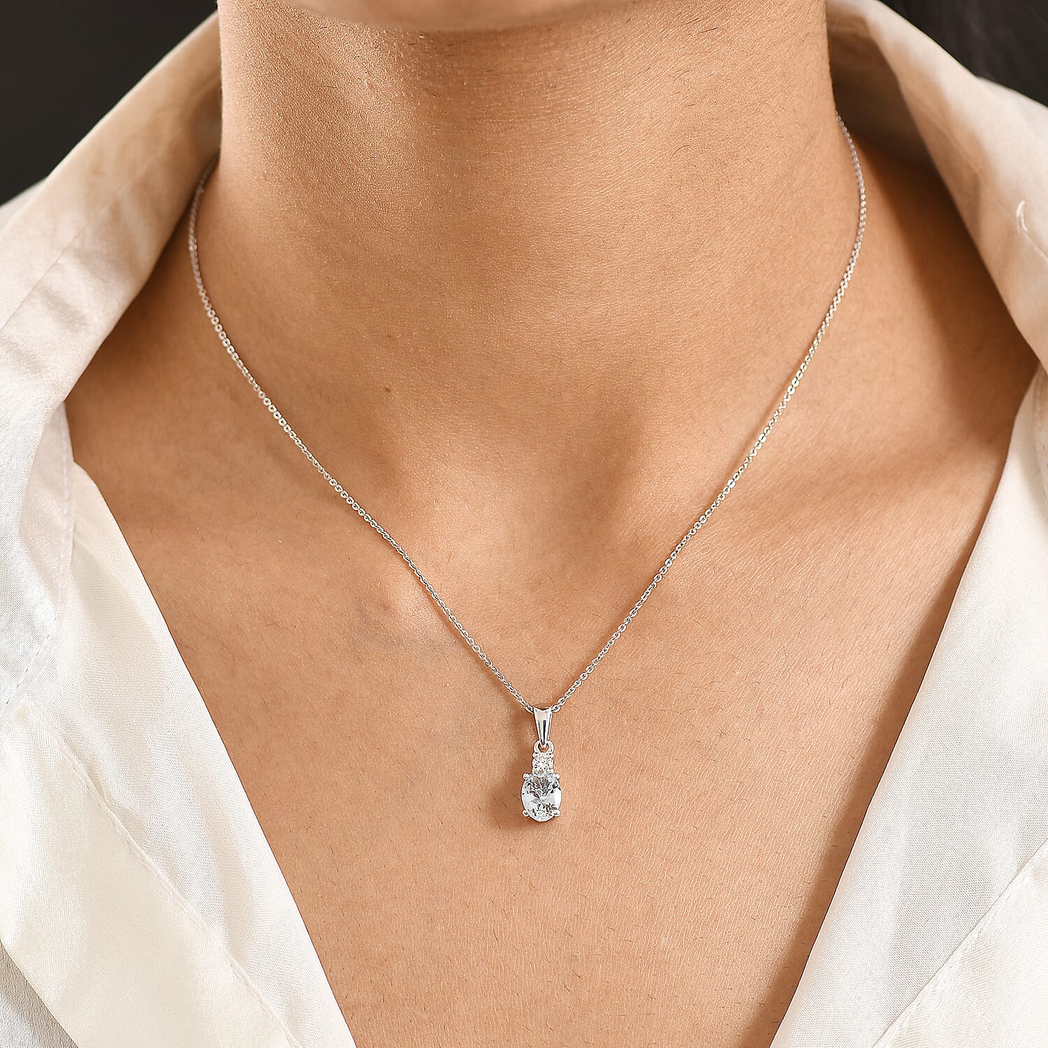 Santa Maria Aquamarine and Luxuriant Lab Grown Diamond G-H SI 1.30 ctw Timeless Ocean Pendant Necklace in Rhodium Over Sterling Silver 20 Inches