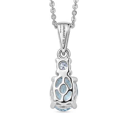 Santa Maria Aquamarine and Luxuriant Lab Grown Diamond G-H SI 1.30 ctw Timeless Ocean Pendant Necklace in Rhodium Over Sterling Silver 20 Inches
