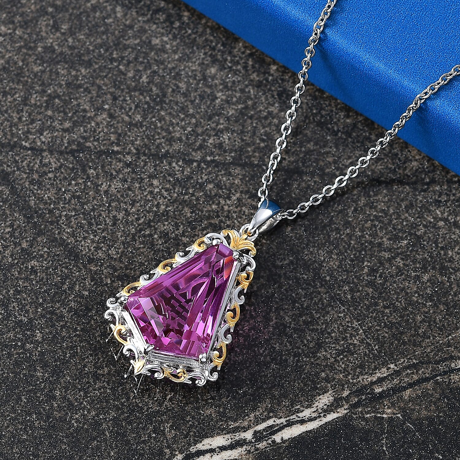 Evertrue African Lilac Quartz (Triplet) 12.60 ctw Victorian Filigree Pendant in 18K Yellow Gold Plated and Platinum Bond with Stainless Steel Necklace 20 Inches