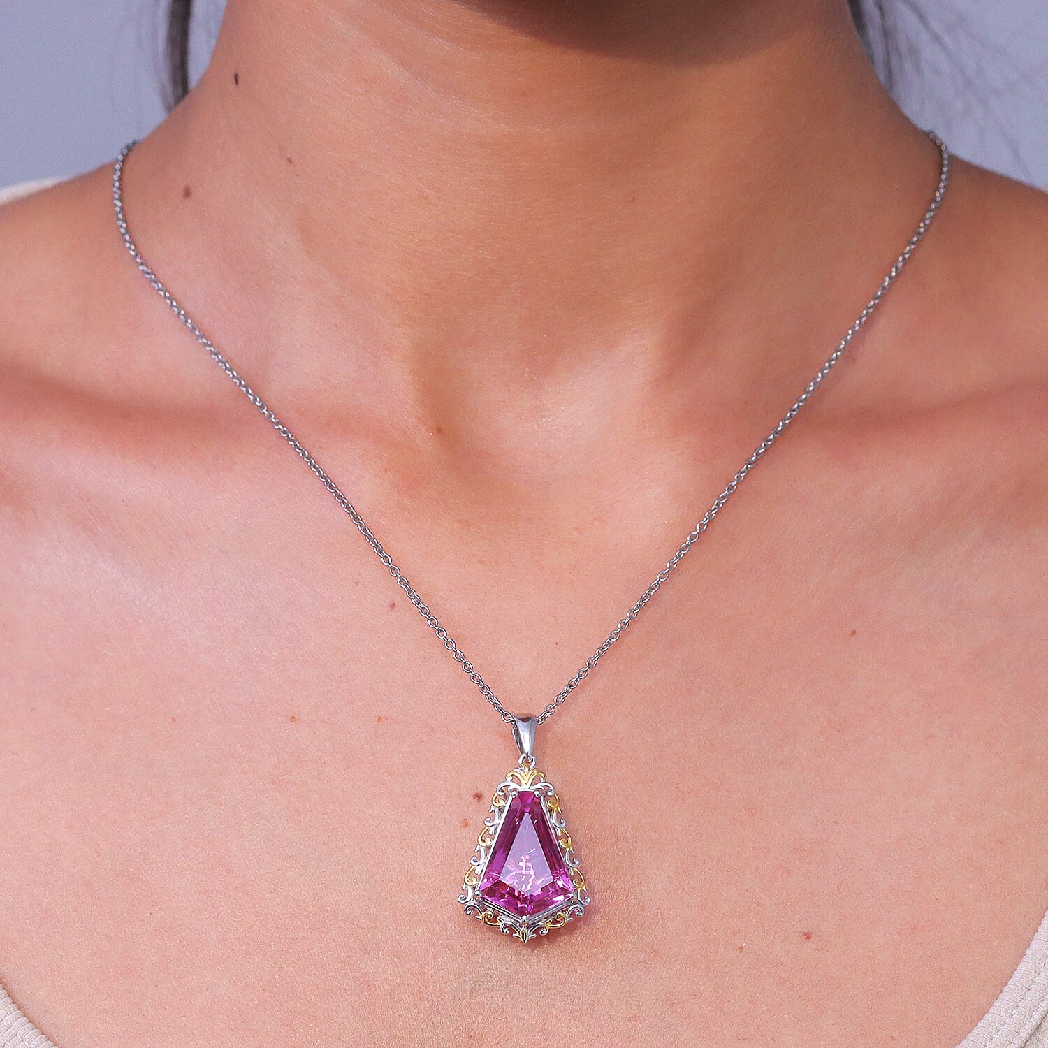 Evertrue African Lilac Quartz (Triplet) 12.60 ctw Victorian Filigree Pendant in 18K Yellow Gold Plated and Platinum Bond with Stainless Steel Necklace 20 Inches