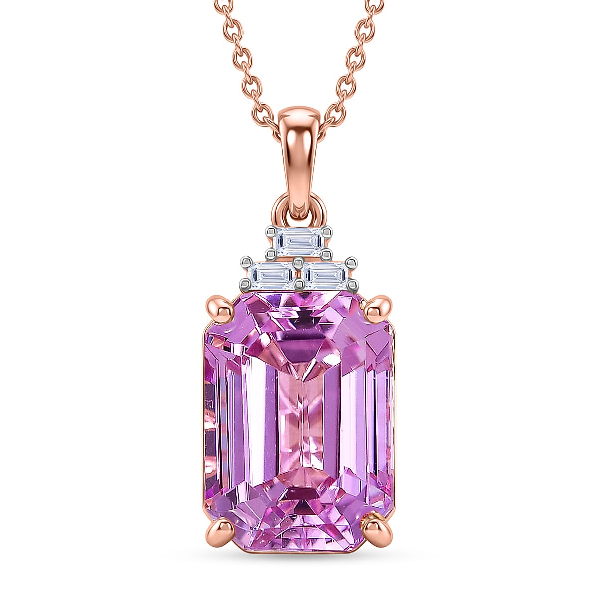 Premium Patroke Kunzite and Luxuriant Lab Grown Diamond E-F VS 10.70 ctw Majestic Rose Pendant Necklace in 10K Rose Gold 20 Inches
