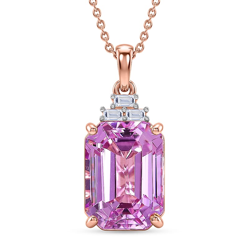 Premium Patroke Kunzite and Luxuriant Lab Grown Diamond E-F VS 10.70 ctw Majestic Rose Pendant Necklace in 10K Rose Gold 20 Inches