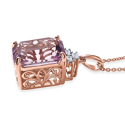 Premium Patroke Kunzite and Luxuriant Lab Grown Diamond E-F VS 10.70 ctw Majestic Rose Pendant Necklace in 10K Rose Gold 20 Inches