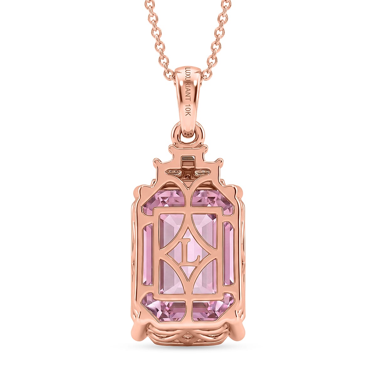 Premium Patroke Kunzite and Luxuriant Lab Grown Diamond E-F VS 10.70 ctw Majestic Rose Pendant Necklace in 10K Rose Gold 20 Inches
