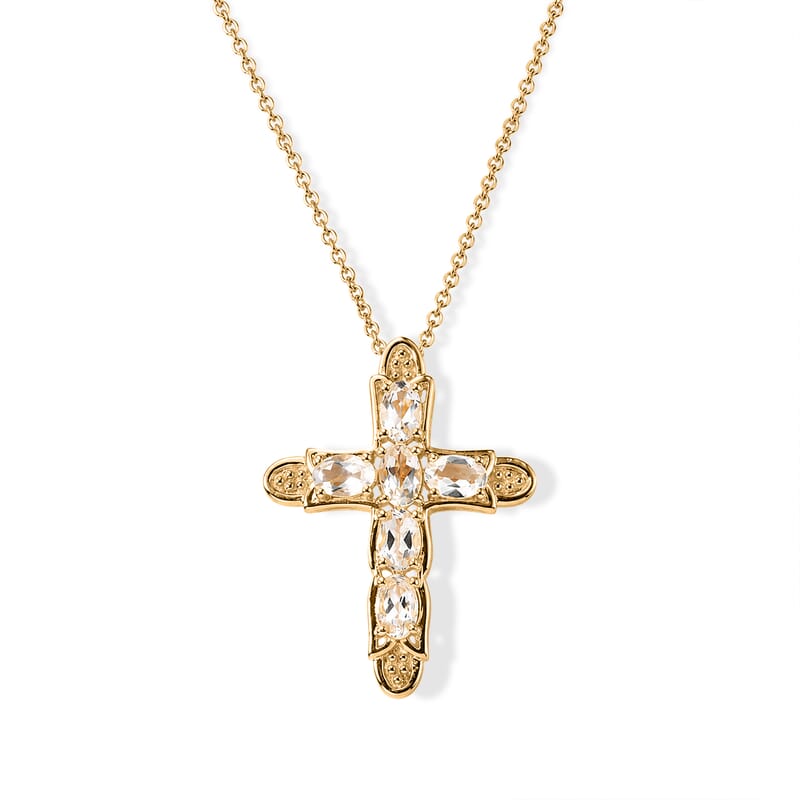 EverTrue White Topaz 2.90 ctw Cross Pendant in 18K YG Plated with ION Plated YG Stainless Steel (20 Inches)
