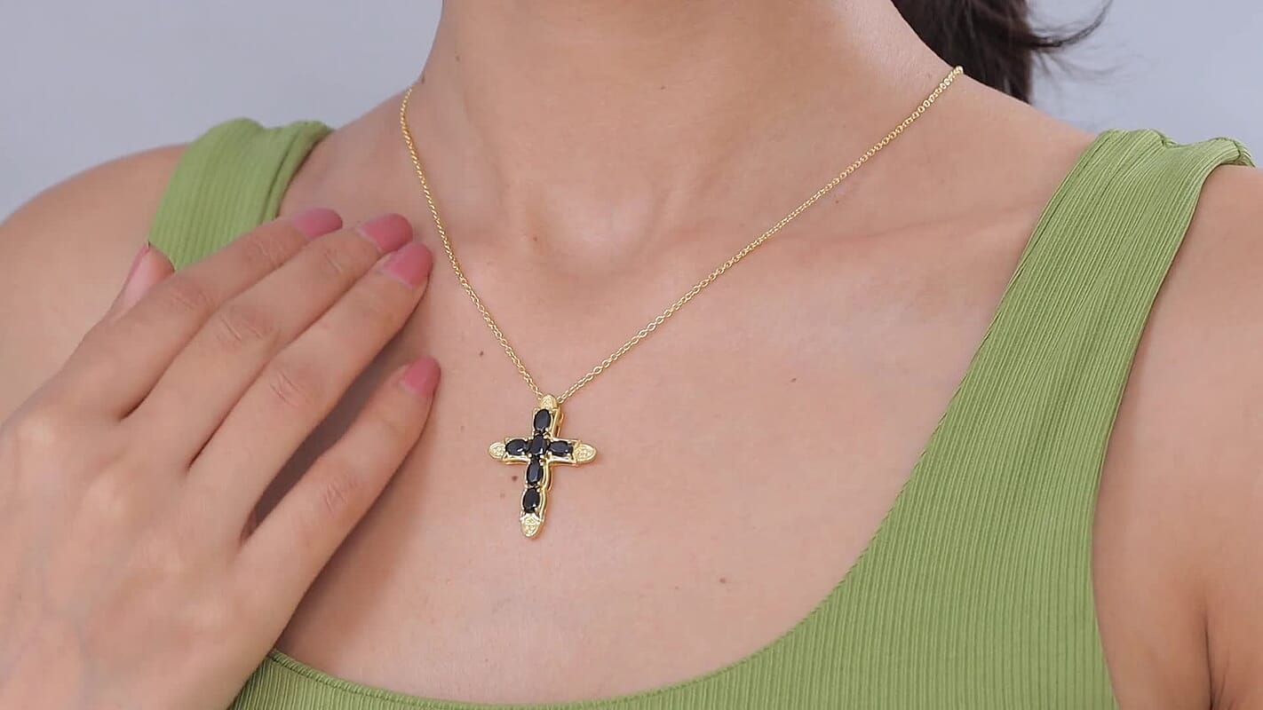 EverTrue Thai Black Spinel Pendant Necklace (20 Inches) in 18K YG Plated Stainless Steel 3.80 ctw