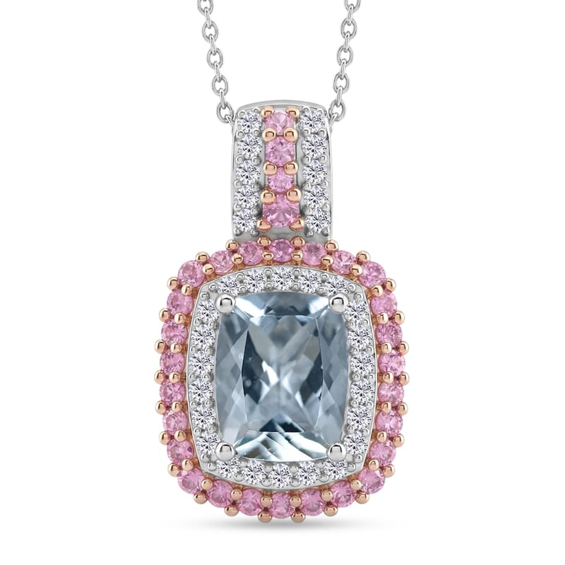 D'Joy Premium Mangoro Aquamarine and Multi Gemstone 2.90 ctw The Coronation Pendant Necklace in Rhodium Over Sterling Silver 20 Inches