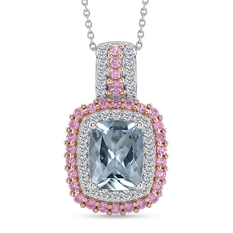 D'Joy Premium Mangoro Aquamarine and Multi Gemstone 2.90 ctw The Coronation Pendant Necklace in Rhodium Over Sterling Silver 20 Inches
