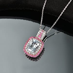 D'Joy Premium Mangoro Santo Aquamarine and Multi Gemstone 2.90 ctw Pendant Necklace in Rhodium Over Sterling Silver 20 Inches 