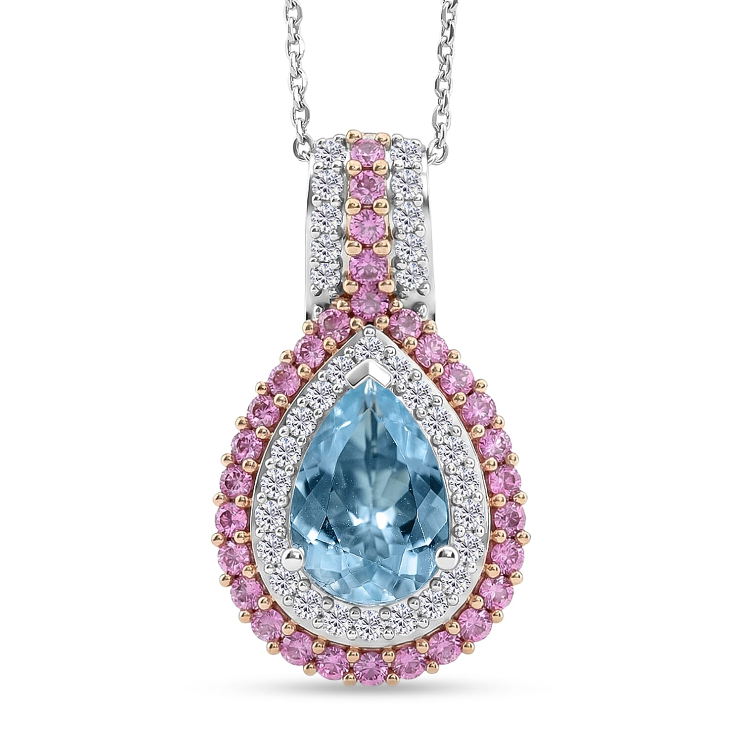 D'Joy Premium Mangoro Aquamarine and Multi Gemstone 2.35 ctw The Coronation Pendant Necklace in Rhodium Over Sterling Silver 20