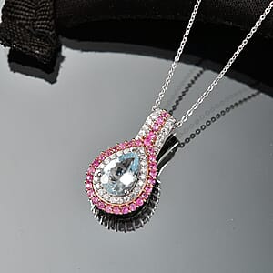 D'Joy Premium Mangoro Santo Aquamarine and Multi Gemstone 2.35 ctw Pendant Necklace in Rhodium Over Sterling Silver 20 Inches 