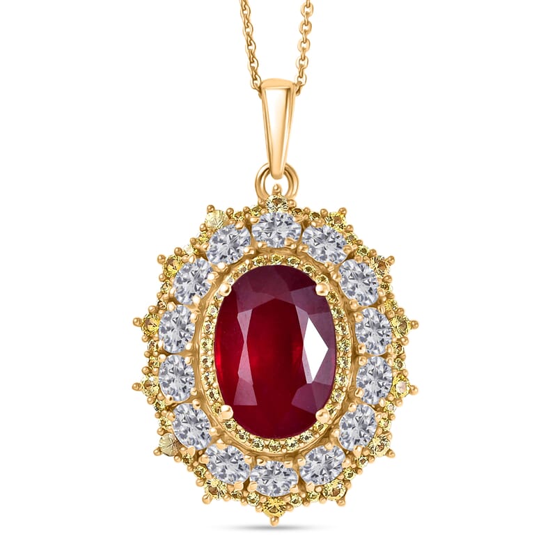 D'Joy Premium Niassa Ruby (FF) and Multi Gemstone 12.00 ctw Floral Cluster Pendant Necklace in 18K Vermeil Yellow Gold Over Sterling Silver 20 Inches