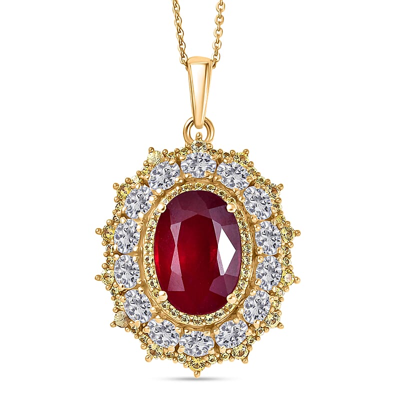 D'Joy Premium Niassa Ruby (FF) and Multi Gemstone 12.00 ctw Floral Cluster Pendant Necklace in 18K Vermeil Yellow Gold Over Sterling Silver 20 Inches