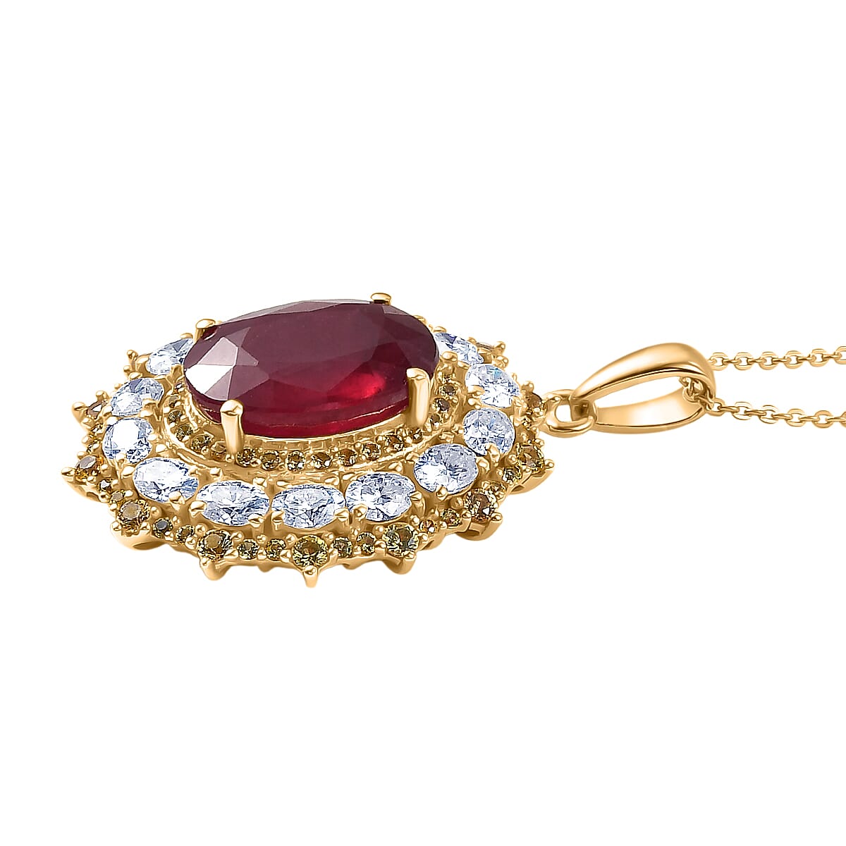 D'Joy Premium Niassa Ruby (FF) and Multi Gemstone 12.00 ctw Floral Cluster Pendant Necklace in 18K Vermeil Yellow Gold Over Sterling Silver 20 Inches