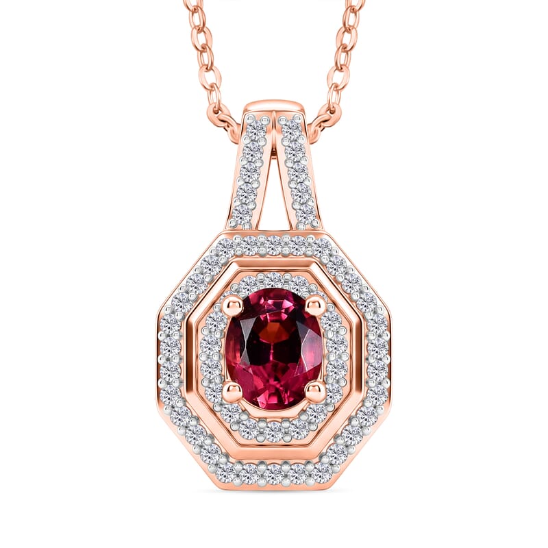 D'Joy Premium Ouro Fino Rubellite and Moissanite 0.65 ctw Passion Halo Pendant Necklace in 18K Vermeil Rose Gold Over Sterling Silver 20 Inches