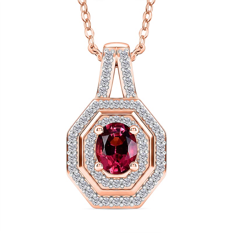 D'Joy Premium Ouro Fino Rubellite and Moissanite 0.65 ctw Passion Halo Pendant Necklace in 18K Vermeil Rose Gold Over Sterling Silver 20 Inches