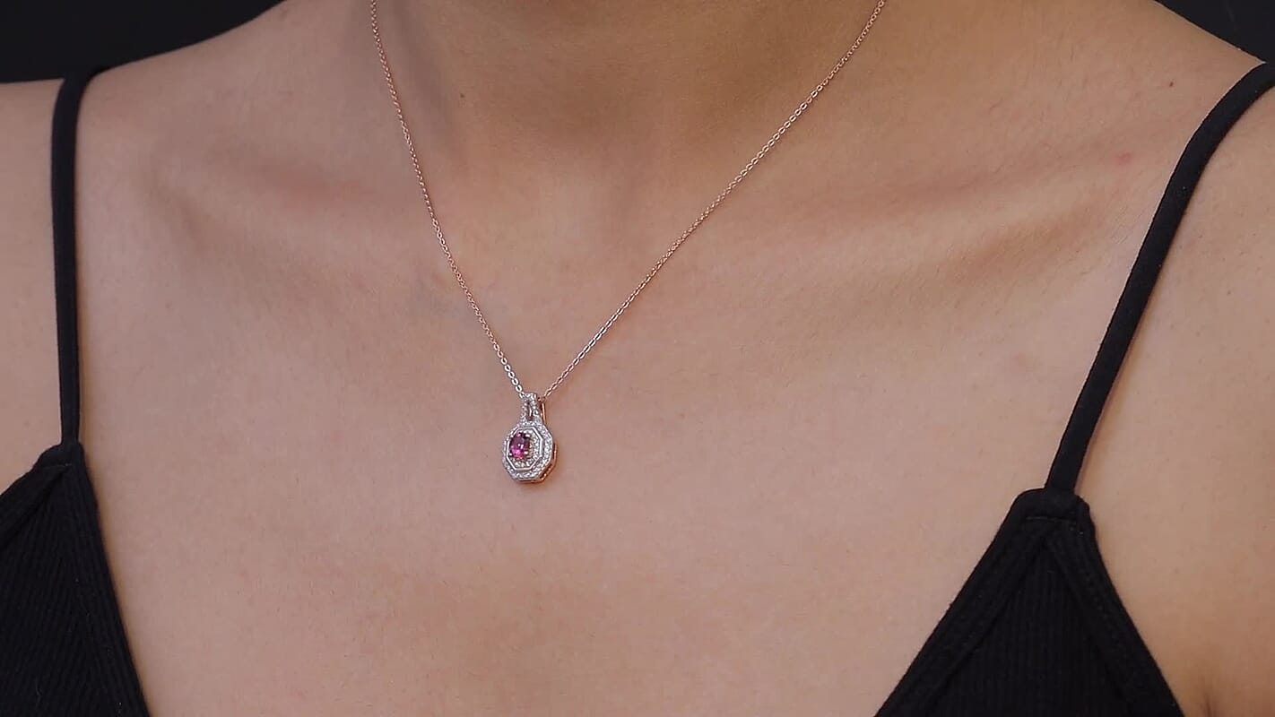 D'Joy Premium Ouro Fino Rubellite and Moissanite 0.65 ctw Passion Halo Pendant Necklace in 18K Vermeil Rose Gold Over Sterling Silver 20 Inches
